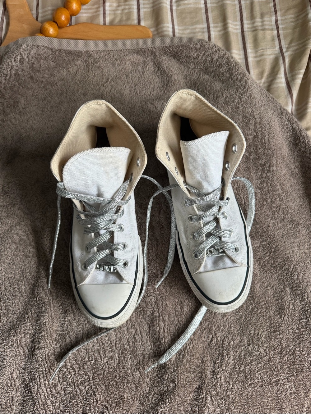 Converse White High Top Sneakers with Silver Laces